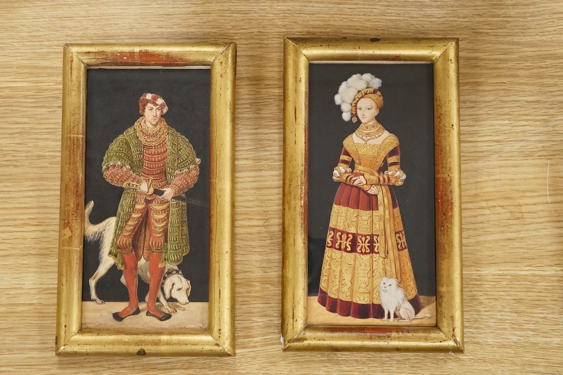 After Lucas Cranach the Elder (German, 1472-1553), portraits of Henry IV, The Pious Duke of Saxony and Duchess Katharina Von Mecklenburg, pair of 19th century gouaches, unsigned, 19 x 9cm, gilt framed